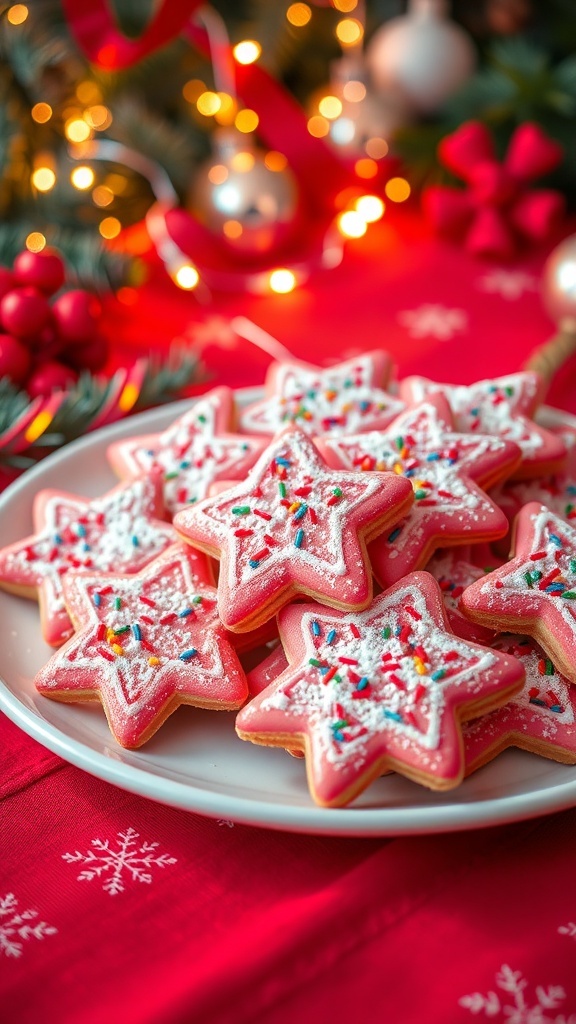 A festive plate of pink Christmas cookies decorated with sprinkles on a red tablecloth.